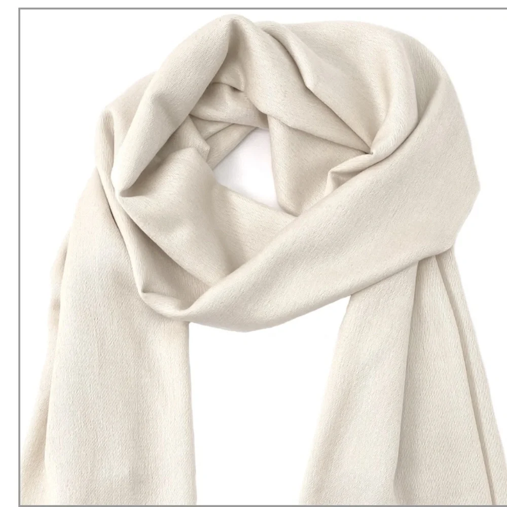 Jeolay Luxury Cashmere-Silk Blend Wrap Scarf Shawl - Soft Beige Fringe ends